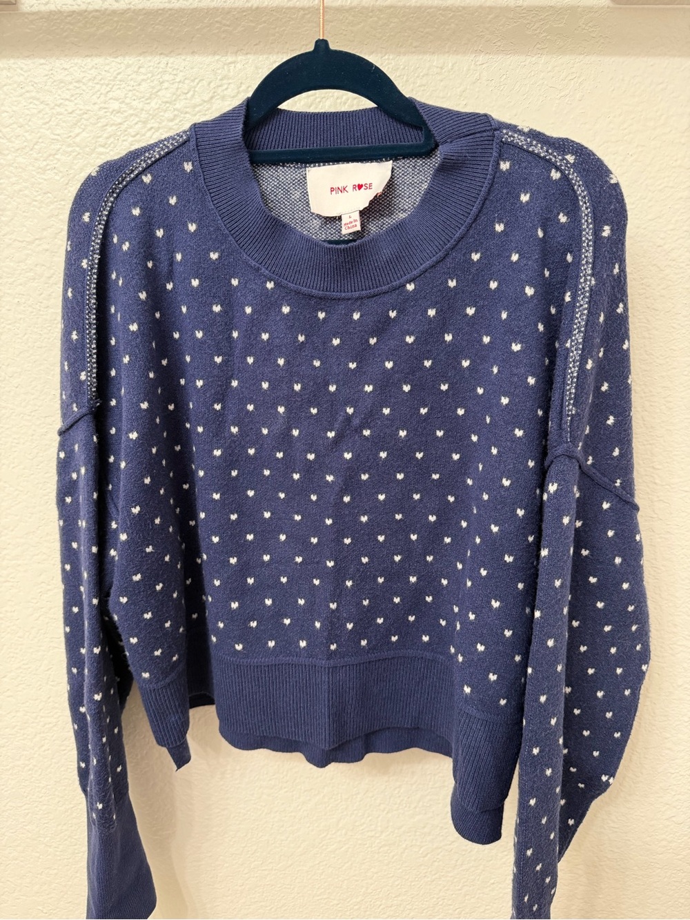 Pink Rose Navy Crewneck Sweater with White Dot Pattern